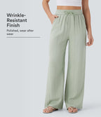 High Waisted Drawstring Pocket Wide Leg Baggy Casual Linen-Feel Pants