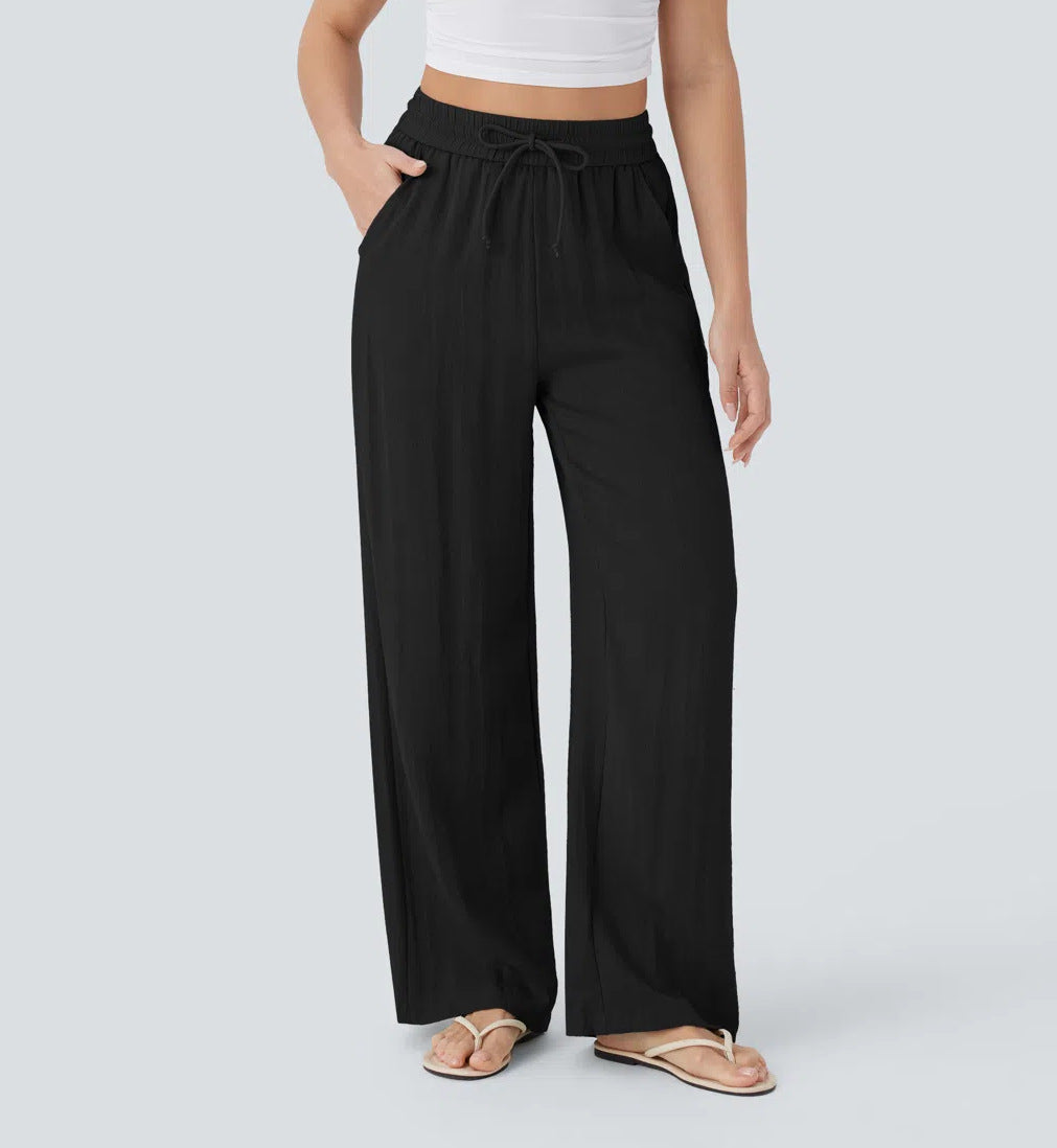 High Waisted Drawstring Pocket Wide Leg Baggy Casual Linen-Feel Pants
