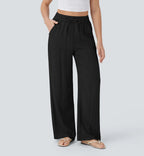 High Waisted Drawstring Pocket Wide Leg Baggy Casual Linen-Feel Pants