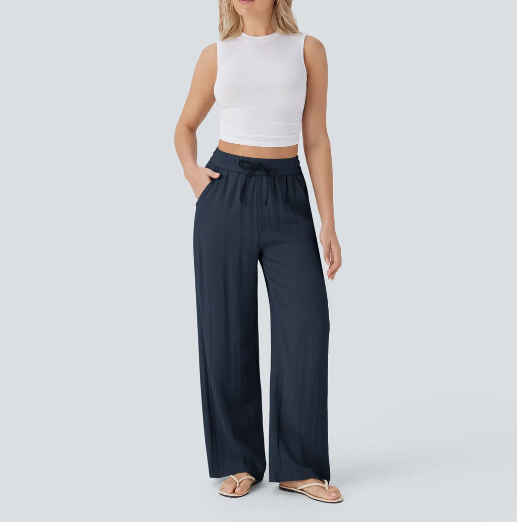 High Waisted Drawstring Pocket Wide Leg Baggy Casual Linen-Feel Pants