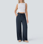 High Waisted Drawstring Pocket Wide Leg Baggy Casual Linen-Feel Pants