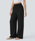 High Waisted Drawstring Pocket Wide Leg Baggy Casual Linen-Feel Pants