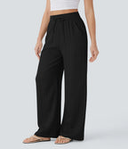 High Waisted Drawstring Pocket Wide Leg Baggy Casual Linen-Feel Pants