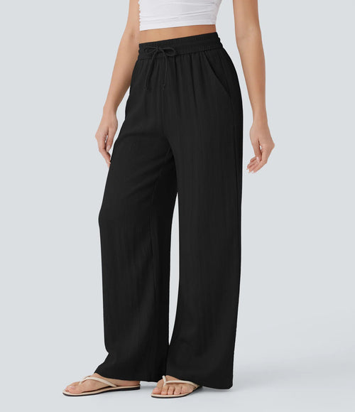 High Waisted Drawstring Pocket Wide Leg Baggy Casual Linen-Feel Pants