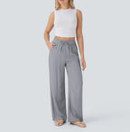 High Waisted Drawstring Pocket Wide Leg Baggy Casual Linen-Feel Pants