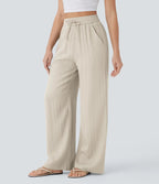 High Waisted Drawstring Pocket Wide Leg Baggy Casual Linen-Feel Pants