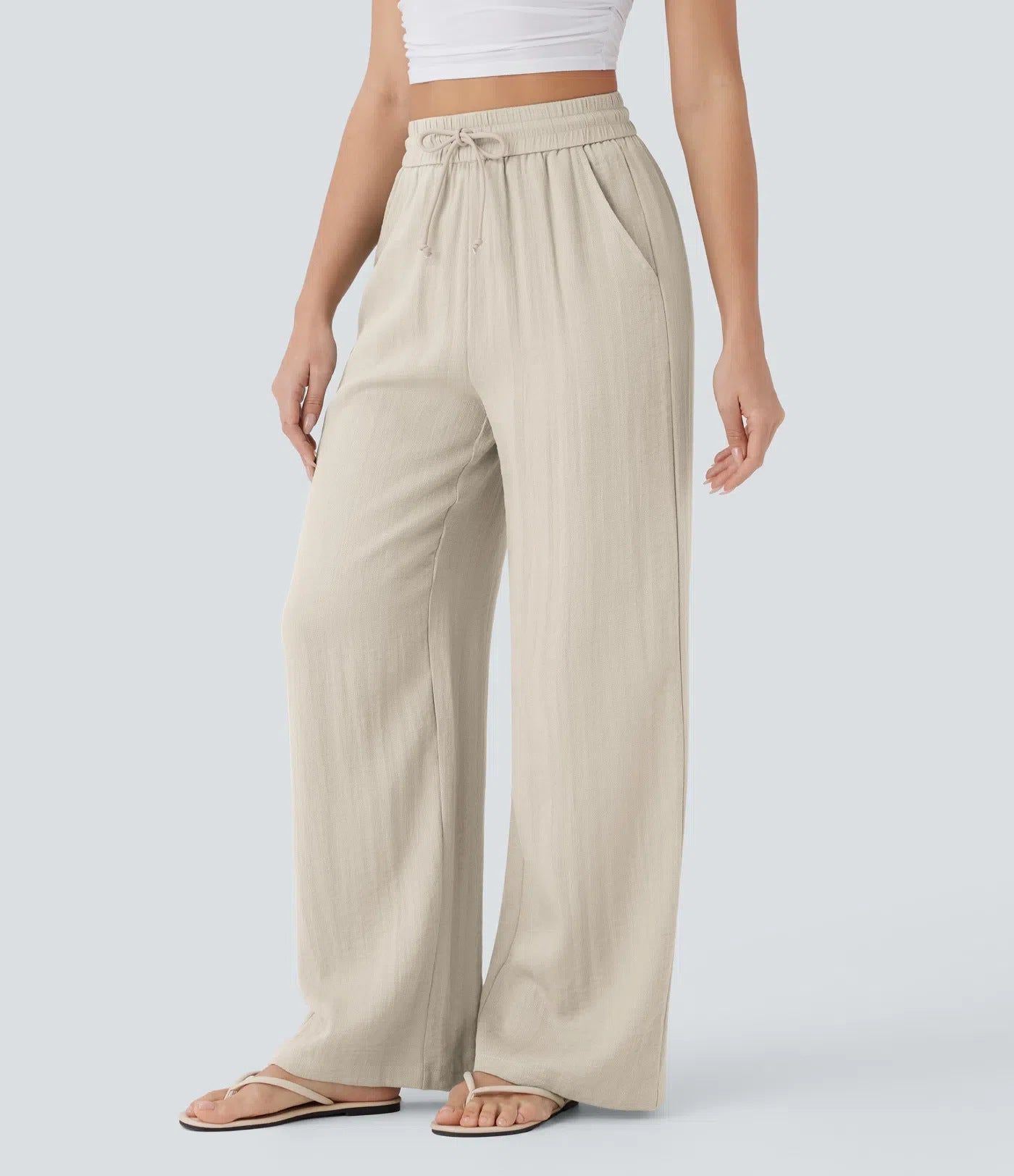 High Waisted Drawstring Pocket Wide Leg Baggy Casual Linen-Feel Pants