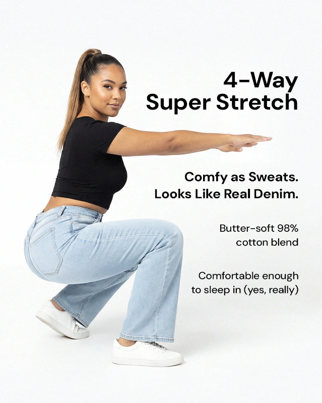 Women's BBL Wide Leg Jeans - High Waisted Butt Lifting Straight Denim, Plus Size, Zero Posterior Gap, Stretchy Slimming Fit