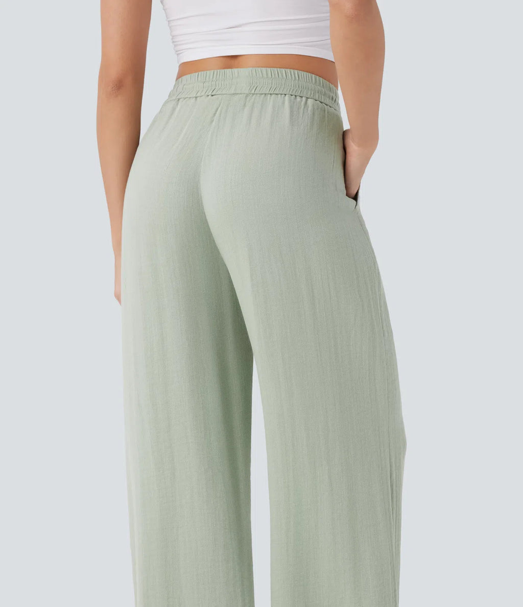 High Waisted Drawstring Pocket Wide Leg Baggy Casual Linen-Feel Pants