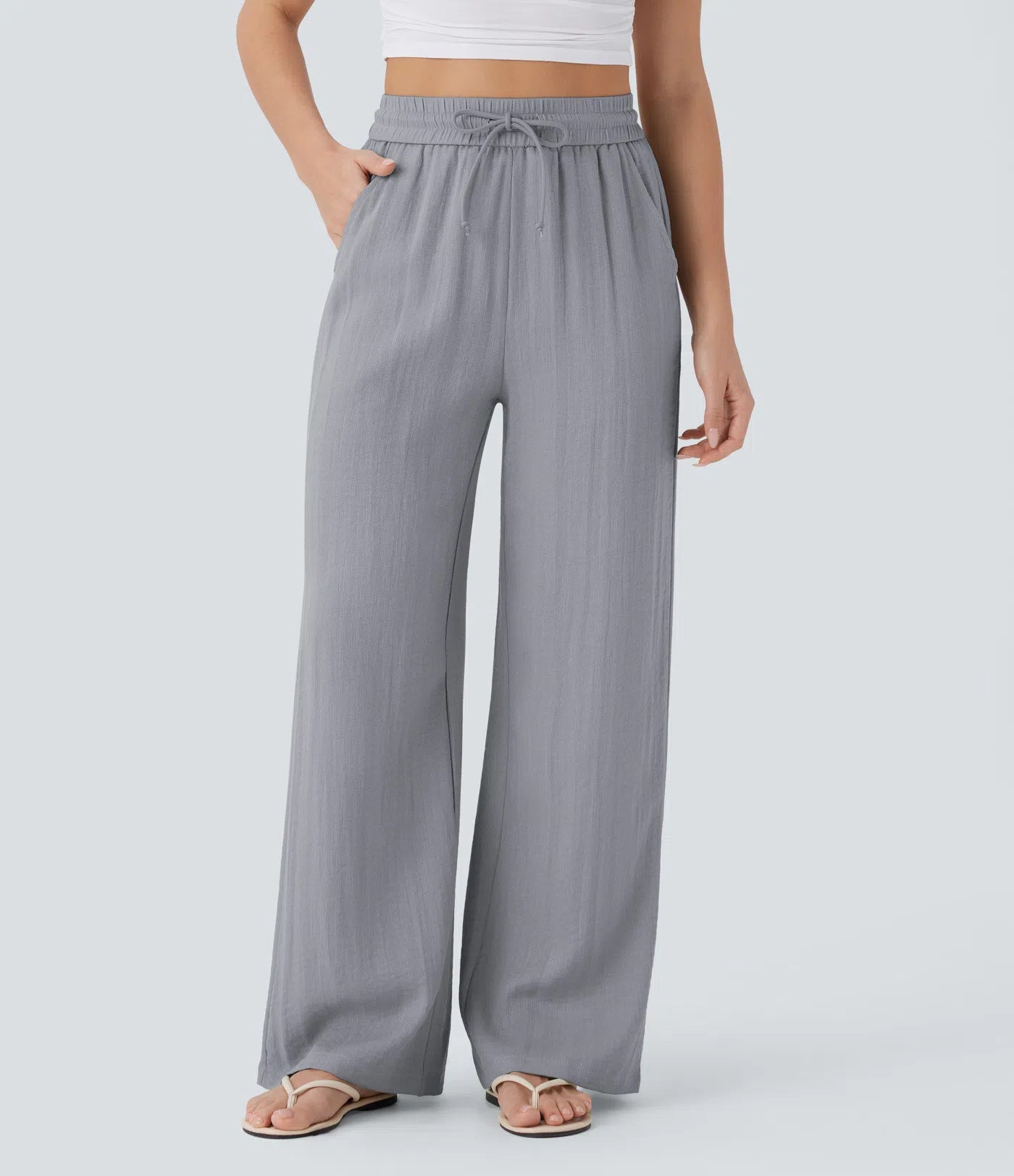 High Waisted Drawstring Pocket Wide Leg Baggy Casual Linen-Feel Pants