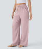 High Waisted Drawstring Pocket Wide Leg Baggy Casual Linen-Feel Pants