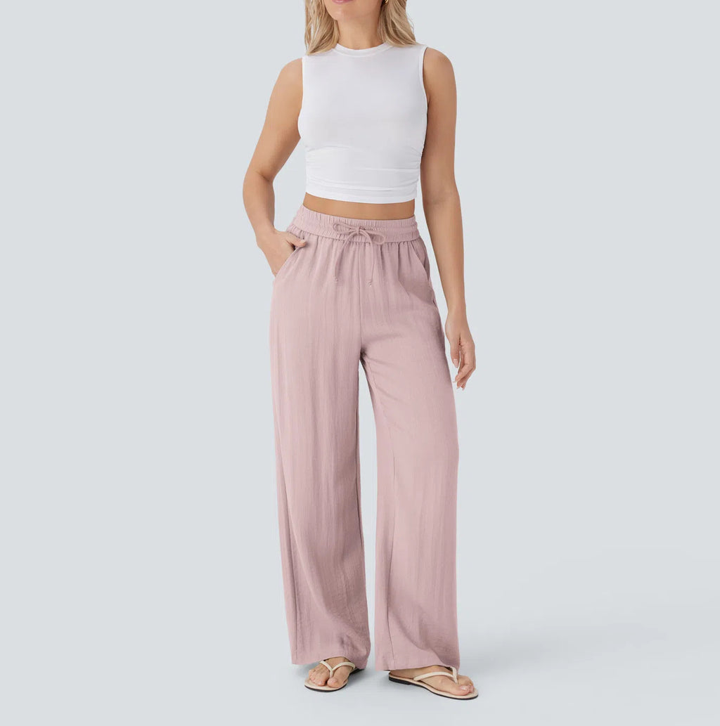 High Waisted Drawstring Pocket Wide Leg Baggy Casual Linen-Feel Pants