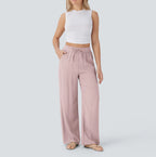 High Waisted Drawstring Pocket Wide Leg Baggy Casual Linen-Feel Pants