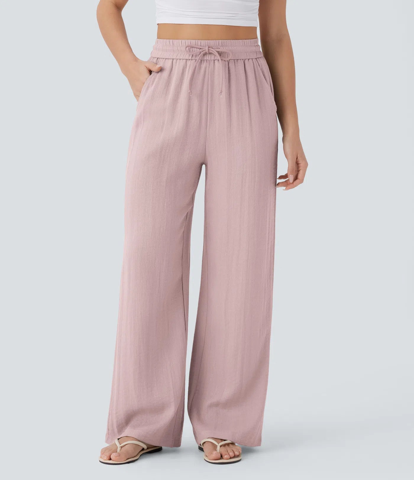 High Waisted Drawstring Pocket Wide Leg Baggy Casual Linen-Feel Pants