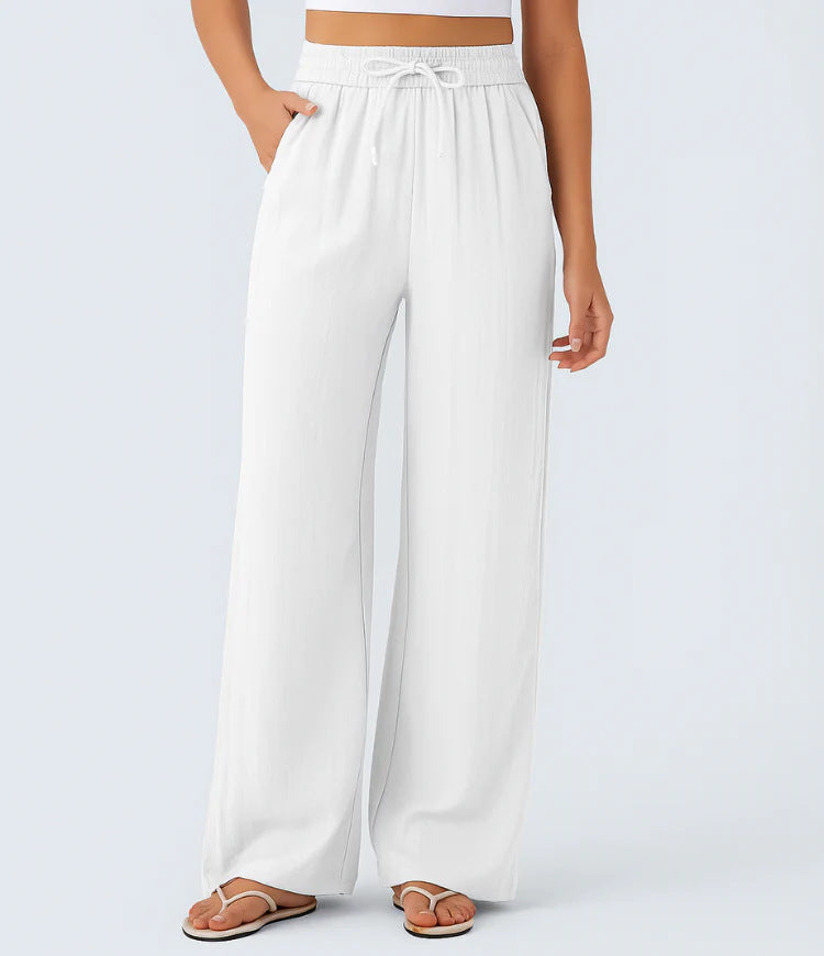 High Waisted Drawstring Pocket Wide Leg Baggy Casual Linen-Feel Pants